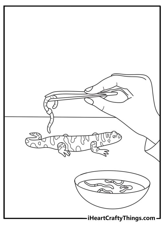 Free axolotl printable showing a salamander beside a feeding dish