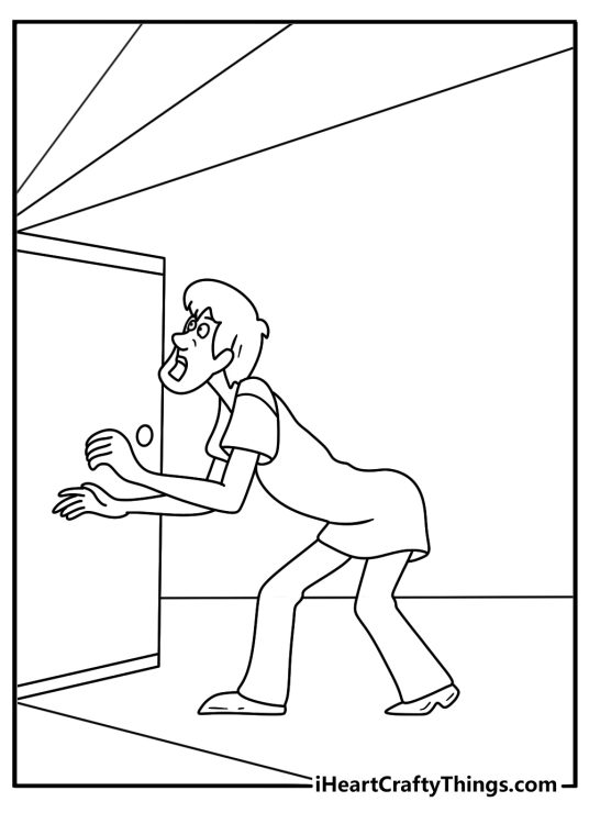 Free cartoon coloring sheet showing Shaggy opening a secret passage