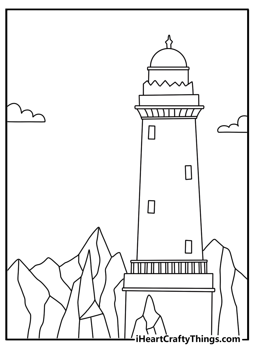 Free coloring page showing a frozen lighthouse beside icy sea water