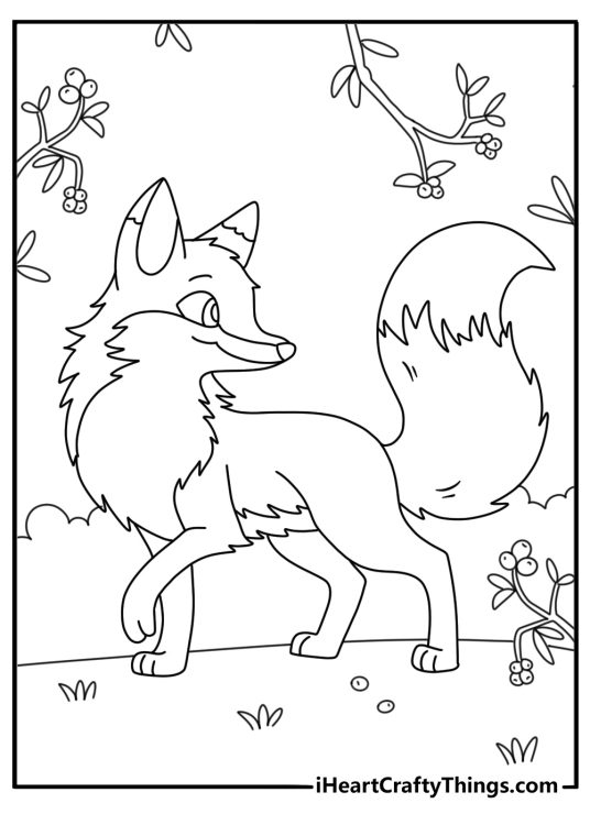 Free fox printable featuring a fox near a patch of wild berries