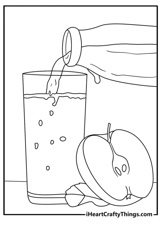 Free fruit coloring sheet showing apple juice poured into a glass