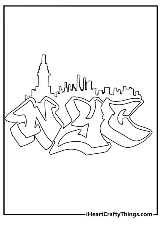 Free graffiti coloring sheet featuring a city skyline behind large letters