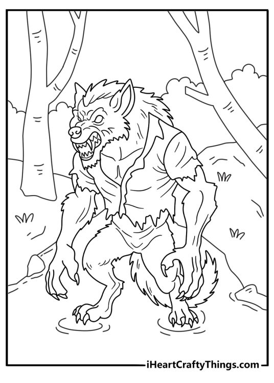 Free monster coloring sheet showing a werewolf beside a narrow stream