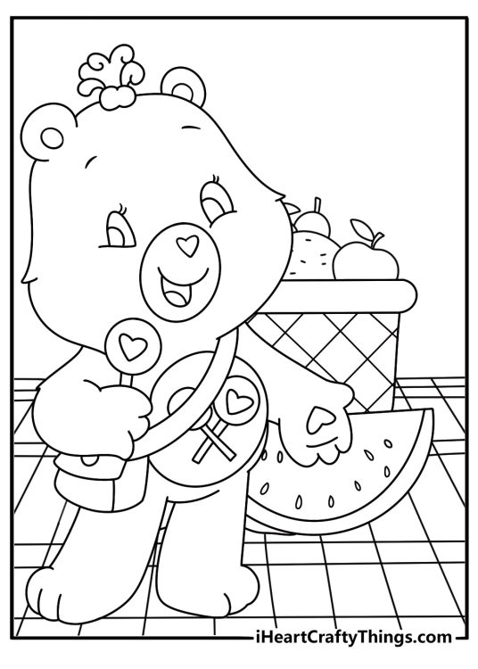 Free printable Care Bears sheet showing Share Bear beside a picnic basket