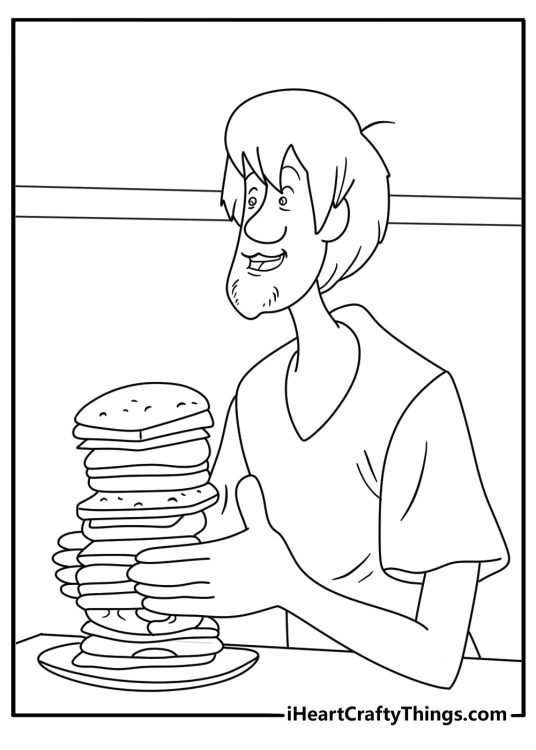Free printable Scooby Doo sheet featuring Shaggy with a giant sandwich