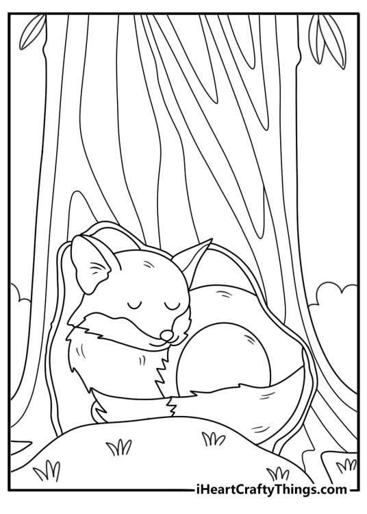 Free printable animal page with a fox beside a hollow tree
