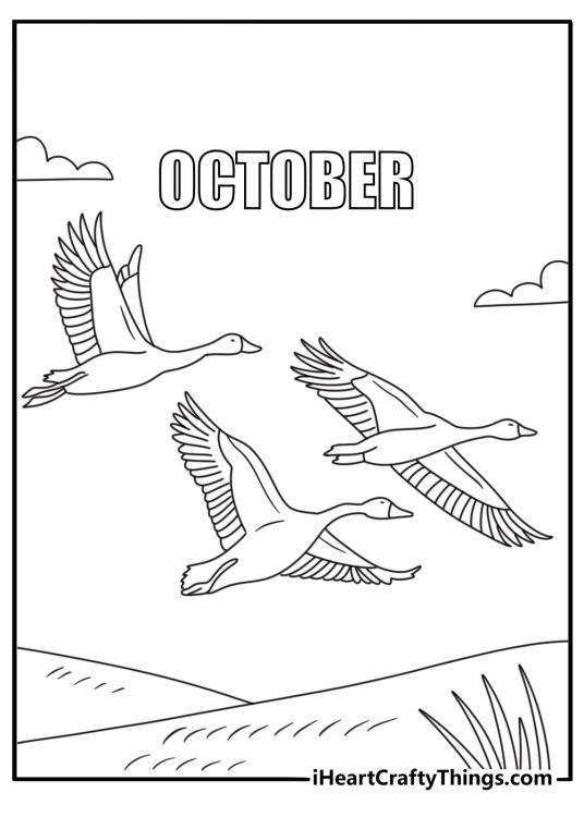 Free printable fall sheet showing geese flying over a quiet field