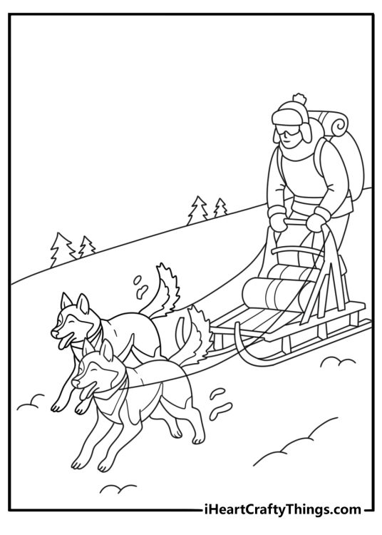 Free printable featuring a dog sled team crossing an open field