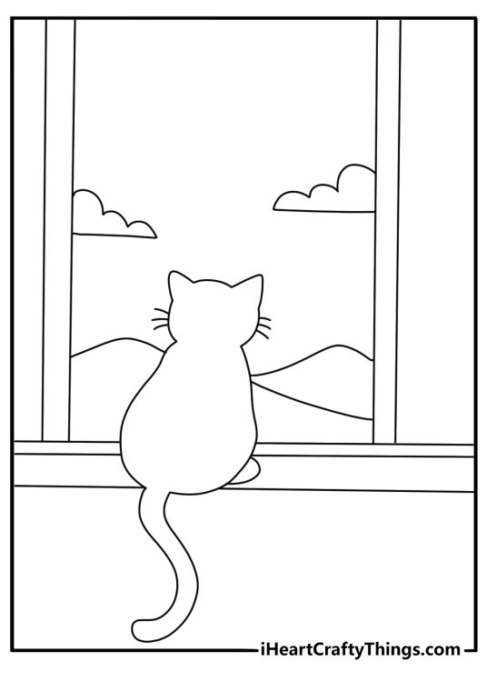 Free printable featuring a fluffy cat looking out a window