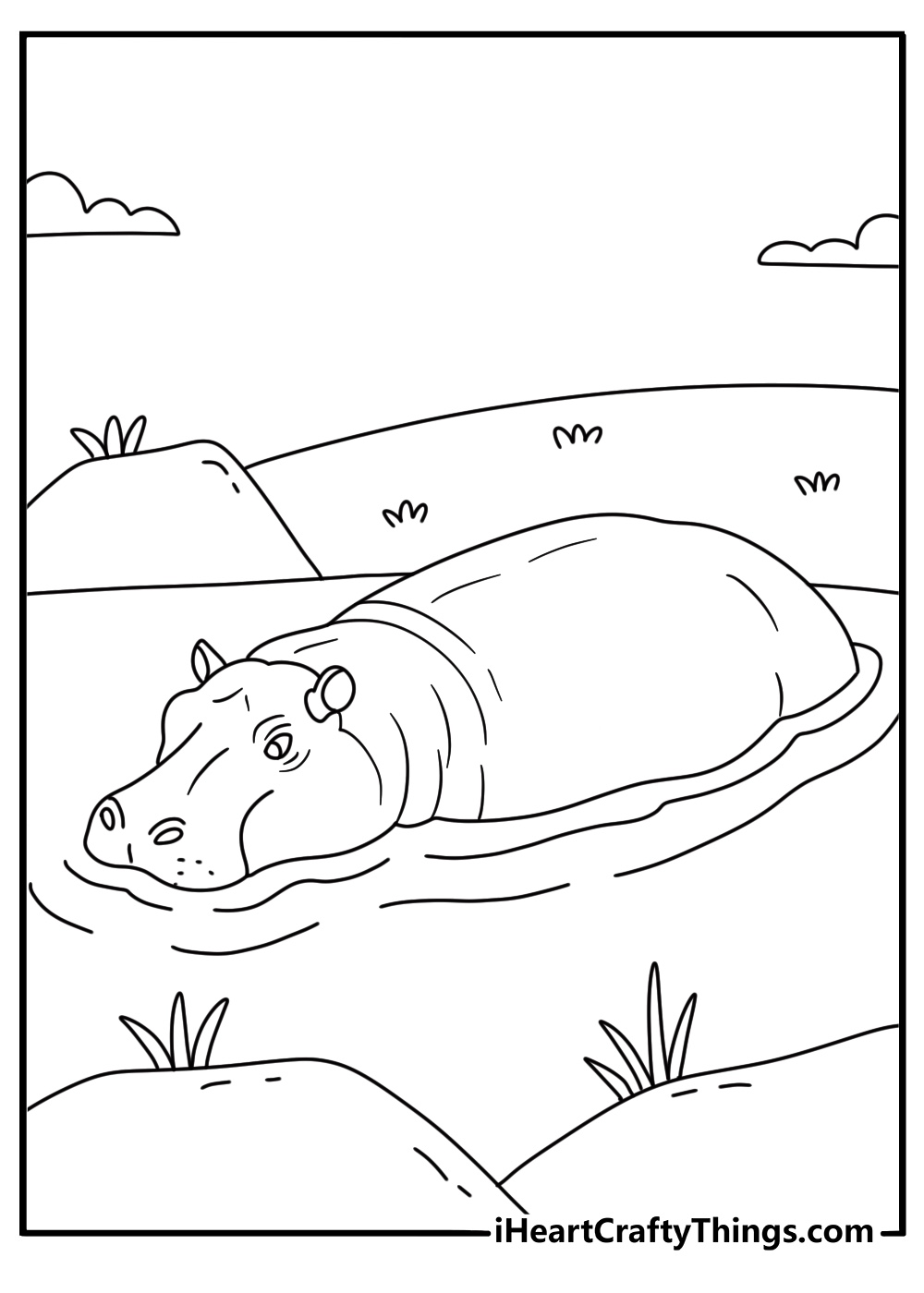 Free printable featuring a hippopotamus resting in shallow water