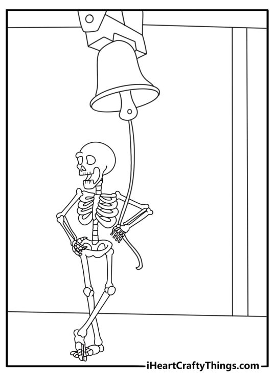 Free printable featuring a skeleton ringing a large church bell