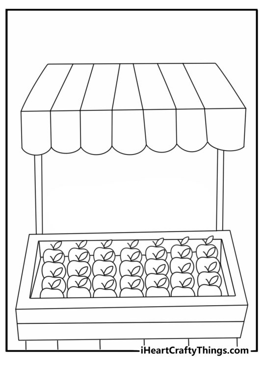 Free printable featuring apples lined up at a farmers market stand