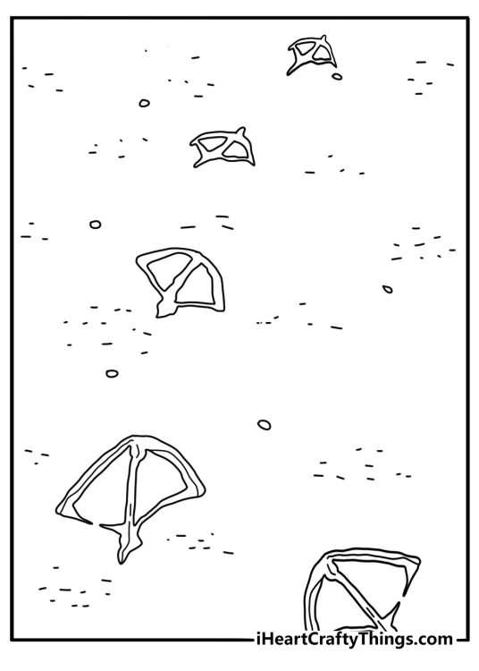 Free printable flamingo sheet showing long footprints across the sand