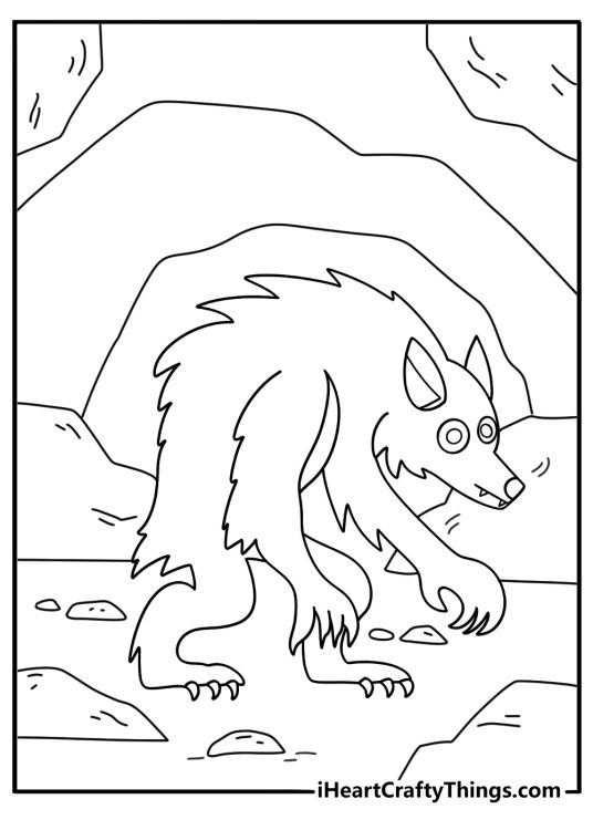 Free printable monster sheet featuring a werewolf entering a mountain cave