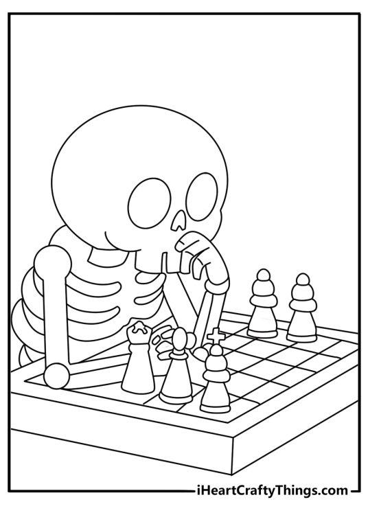 Free printable scene of a skeleton playing chess at a table