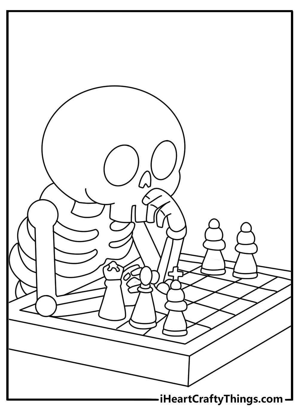 Free printable scene of a skeleton playing chess at a table