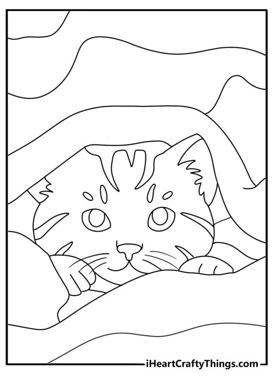 Free printable showing a kitten peeking from under a blanket