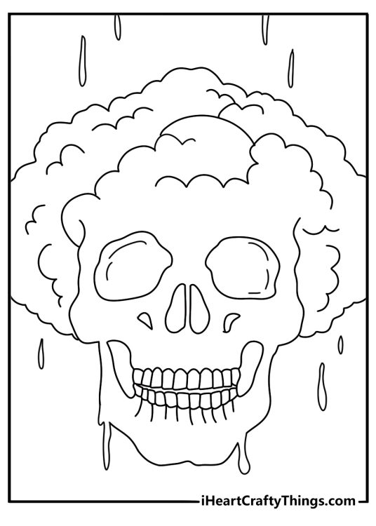 Free printable wall art sheet showing a skull with spray paint clouds