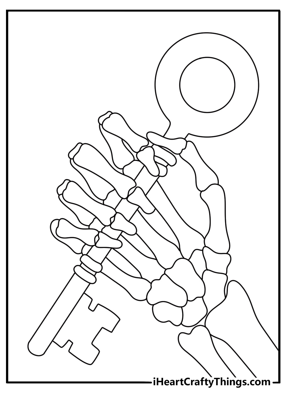 Free spooky printable with a skeleton holding an ancient key