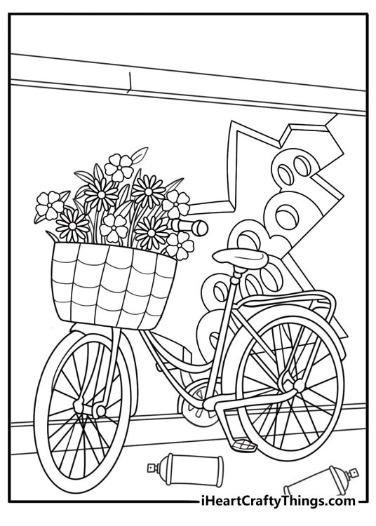 Free urban printable showing a bicycle beside colorful wall art