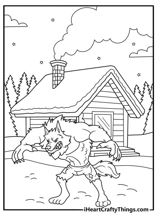 Free werewolf printable featuring torn clothes near a forest cabin