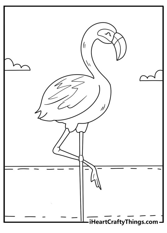 Free wildlife coloring sheet showing a flamingo beside salt flat pools