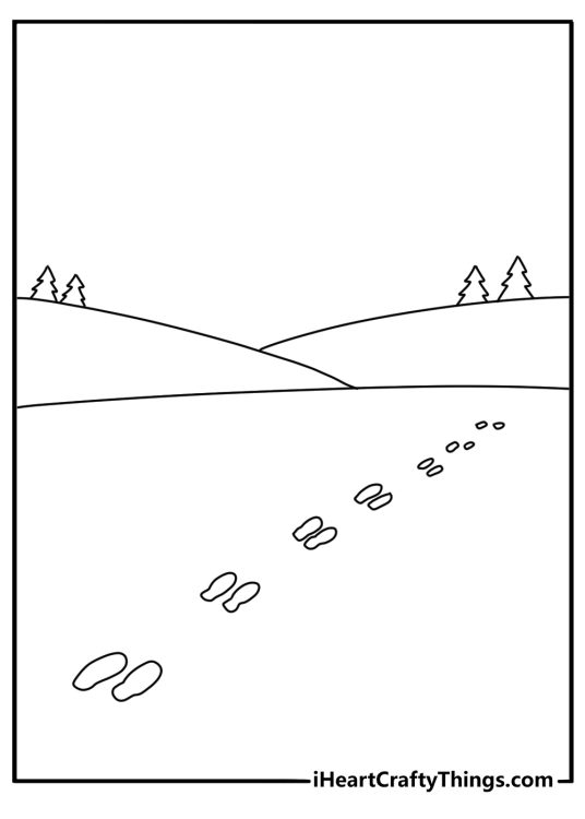 Free winter coloring sheet showing footprints leading across fresh snow