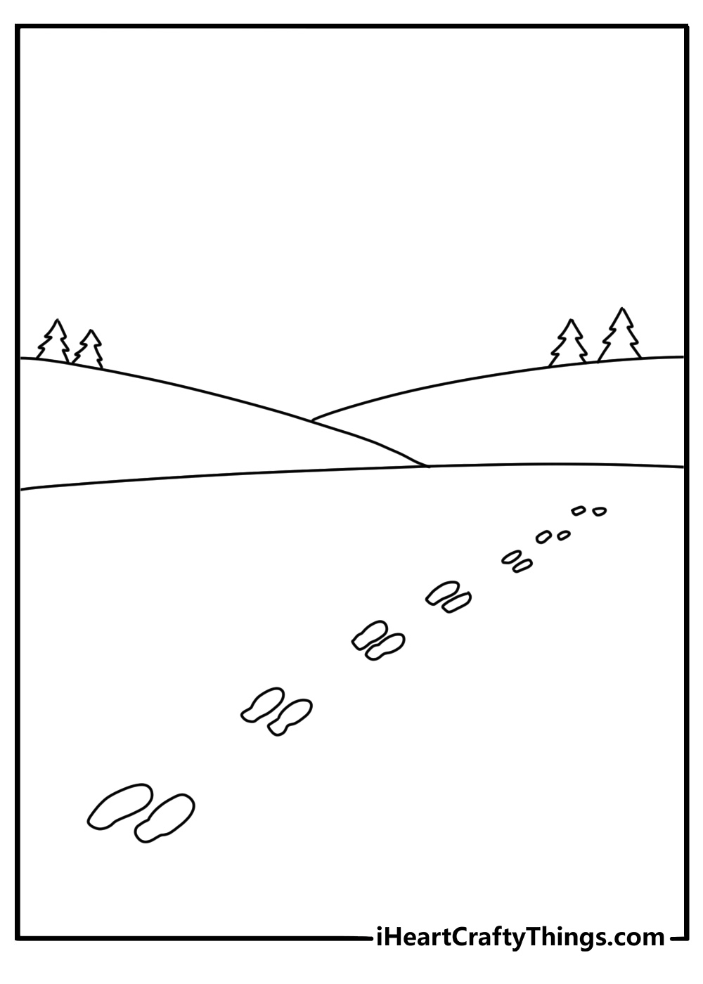 Free winter coloring sheet showing footprints leading across fresh snow