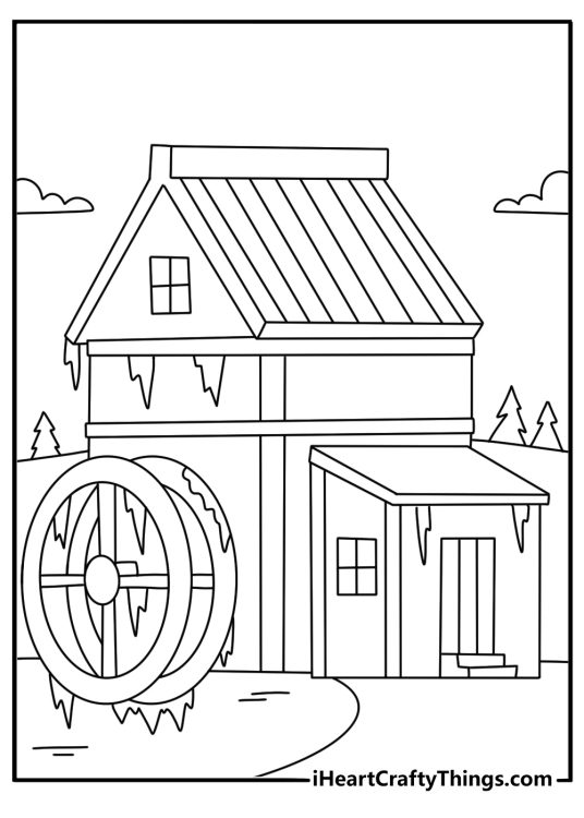 Free winter printable showing a frozen water wheel beside an old mill