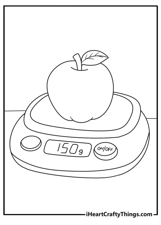 Fresh apples rest beside a kitchen scale in this detailed printable