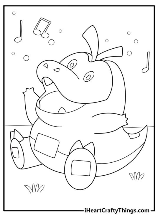 Fuecoco singing tiny flame notes floating playful pose