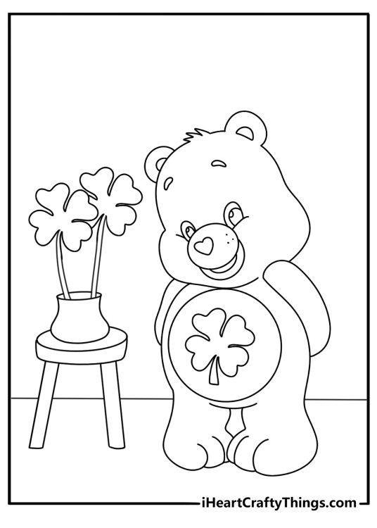 Good Luck Bear stands beside a pot of clovers in this easy coloring sheet