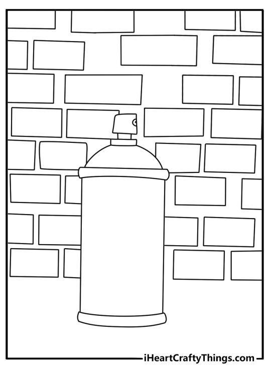 Graffiti coloring page showing spray cans beside a city wall