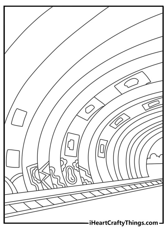 Graffiti coloring pages printable with a train tunnel and painted signs