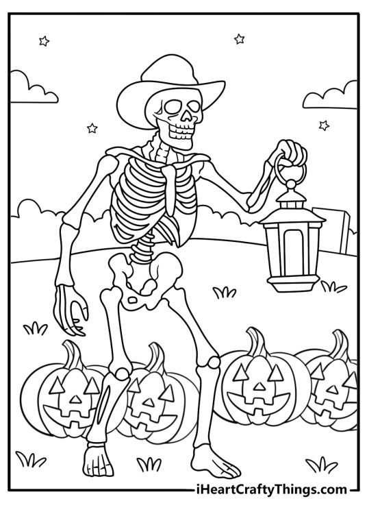 Halloween night surrounds a skeleton carrying a lantern in this printable