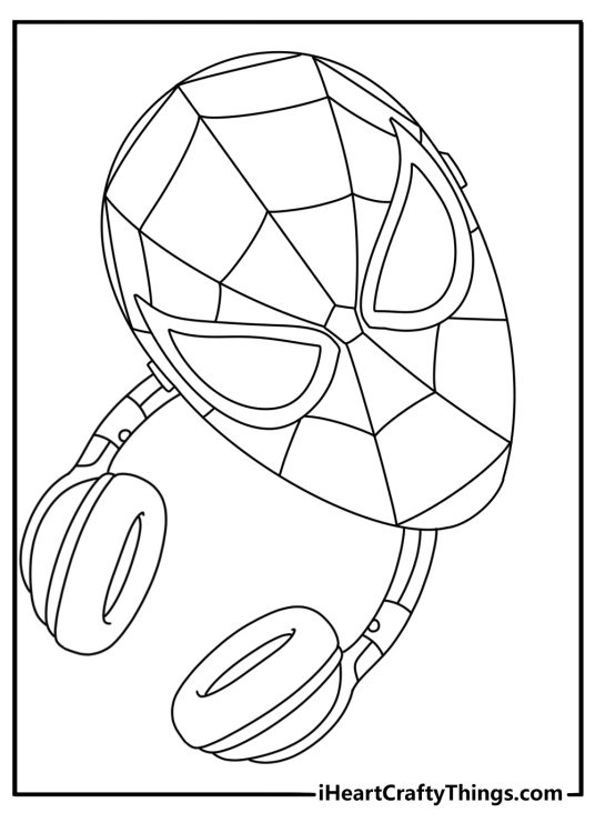 Headphones and a folded spider mask appear in this simple coloring sheet