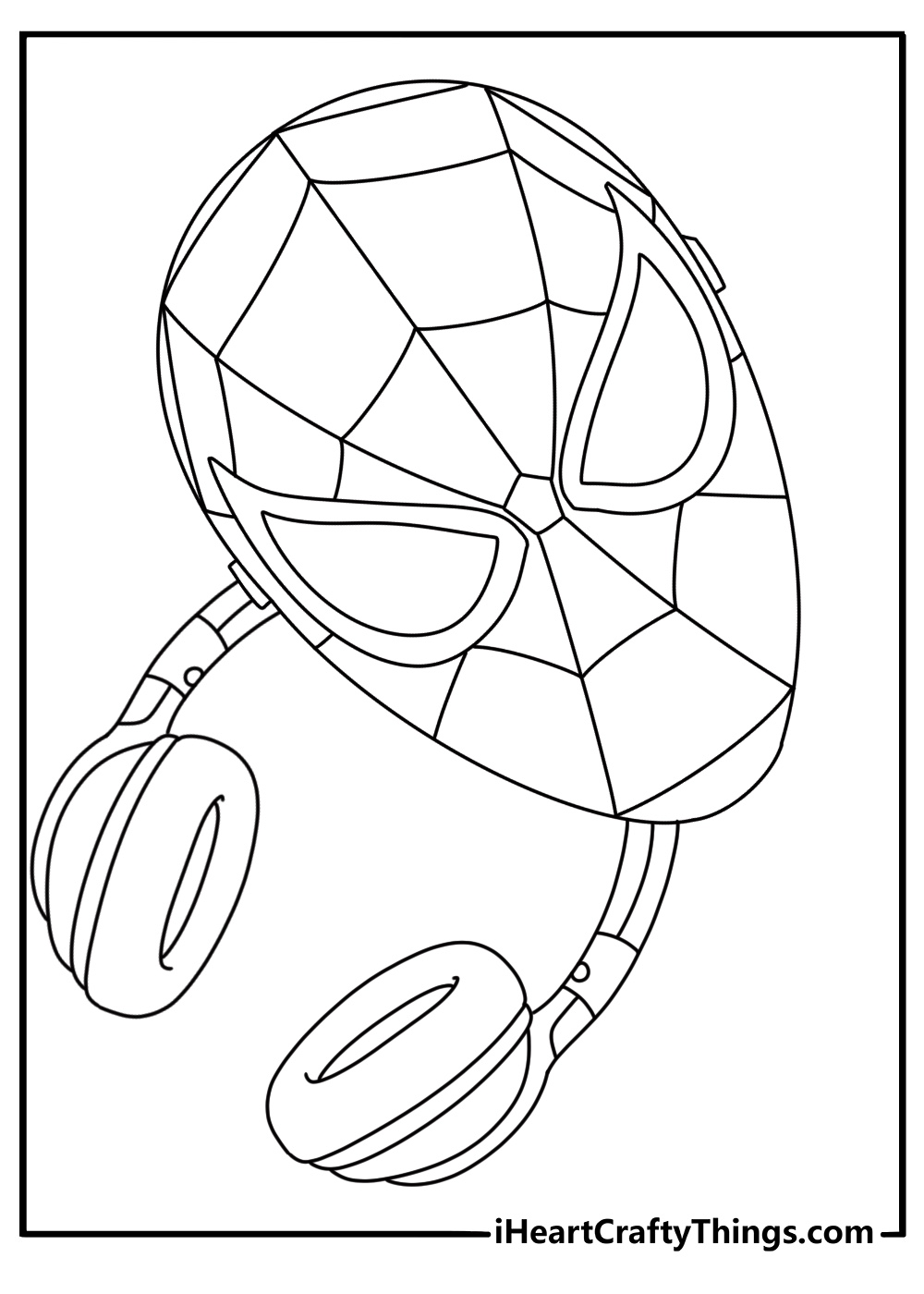 Headphones and a folded spider mask appear in this simple coloring sheet
