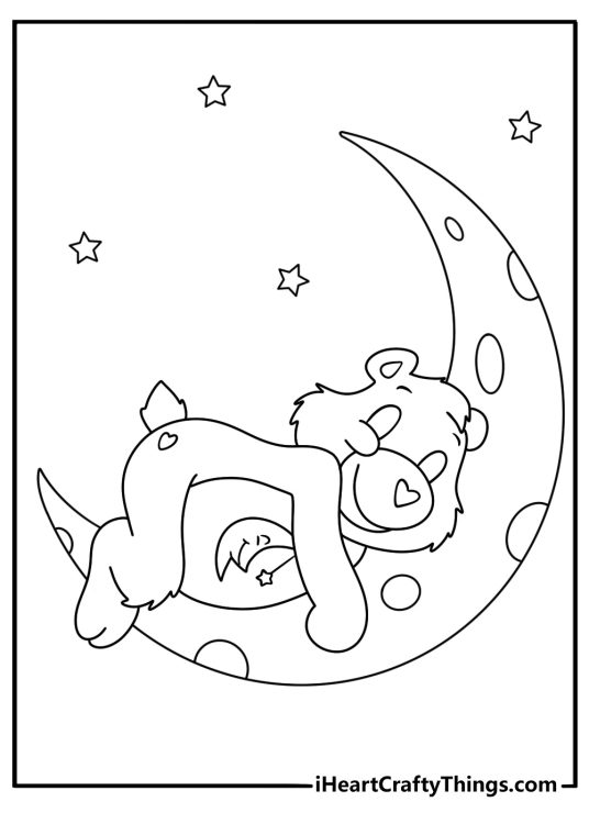 Kids can color Bedtime Bear resting on a crescent moon pillow