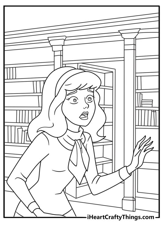 Kids can color Daphne searching an old library for clues