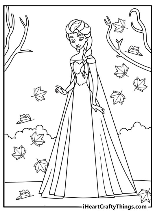 Kids can color Elsa entering the enchanted forest with autumn leaves