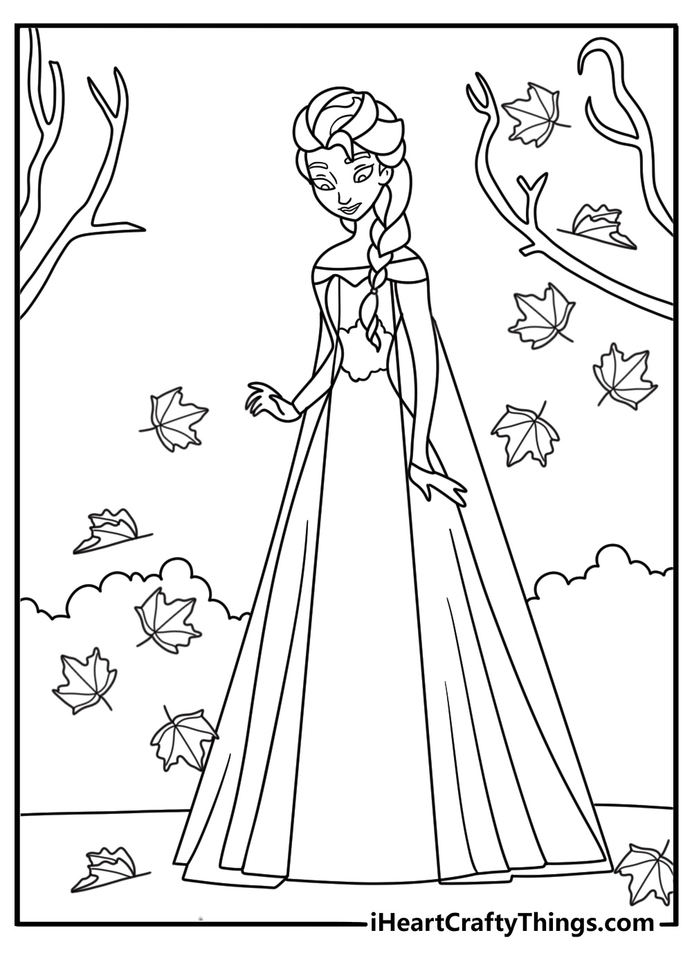 Kids can color Elsa entering the enchanted forest with autumn leaves