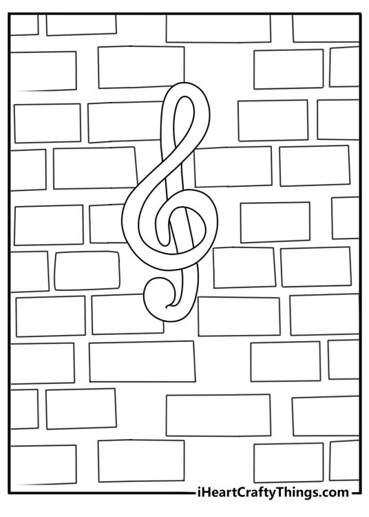 Kids can color a brick alley filled with music symbols