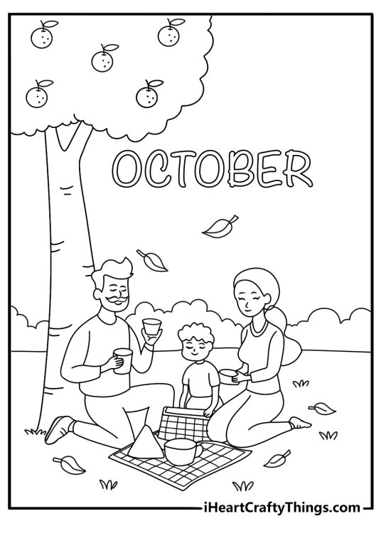 Kids can color a fall picnic under orange trees