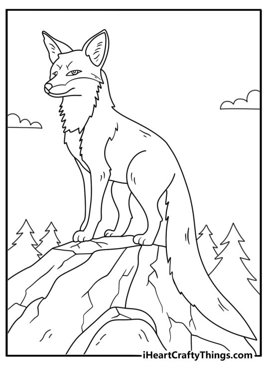 Kids can color a fox standing on a rocky hillside