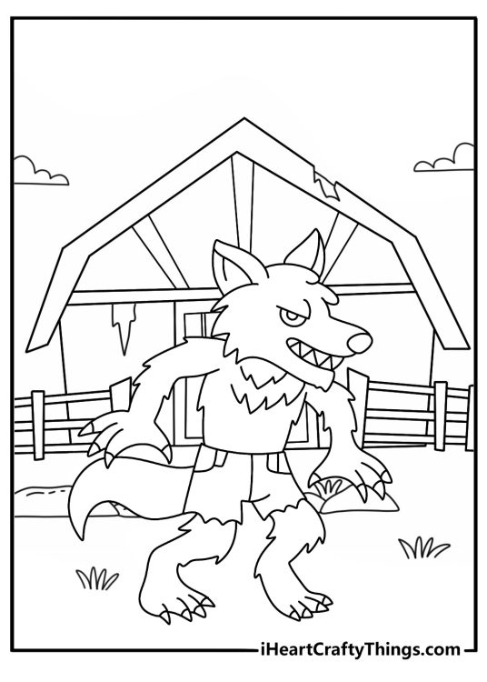Kids can color a werewolf earching through an abandoned barn
