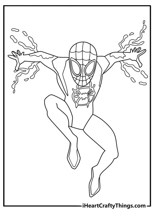 Miles Morales coloring page featuring electric venom energy around his hand