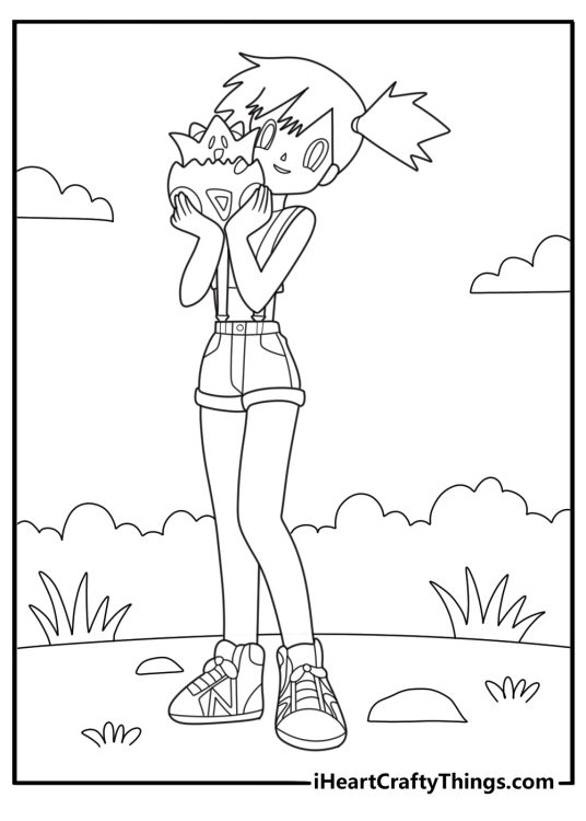 Misty kneeling and holding Togepi friendly pose simple outline