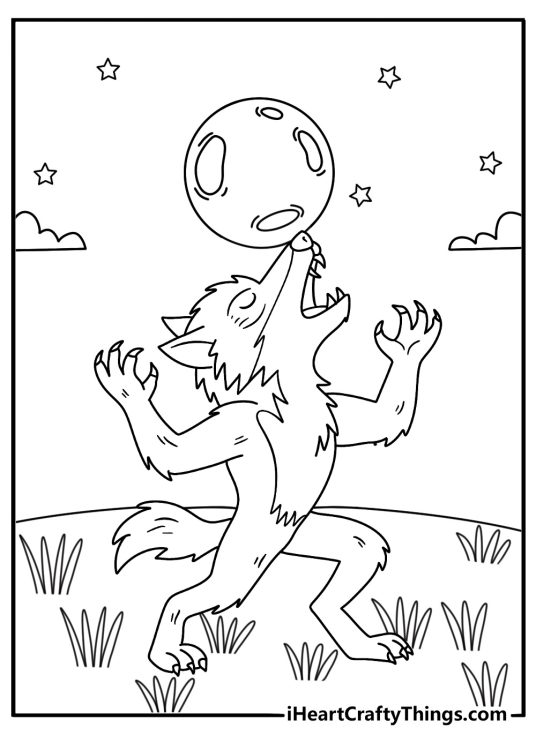 Moonlit clouds fill the sky above a werewolf in this easy printable