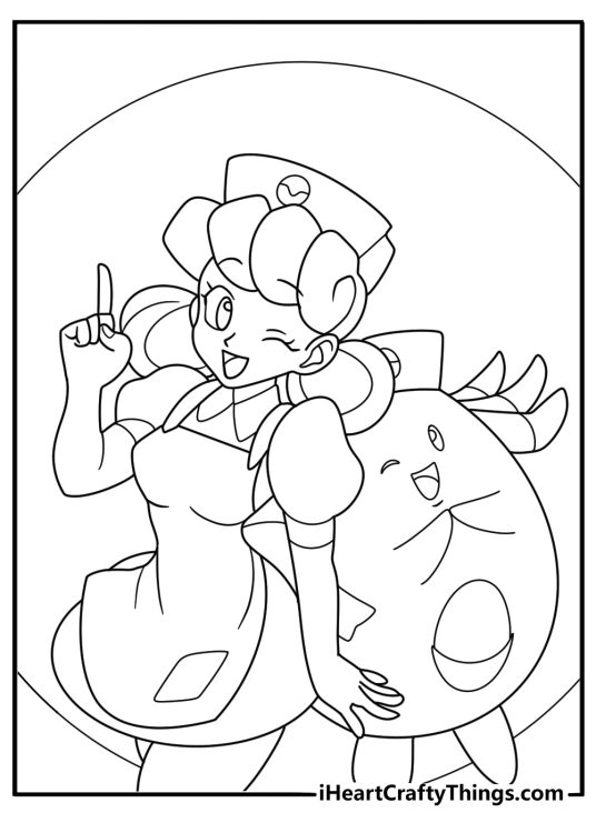 Nurse Joy and Chansey at Pokemon Center counter with heart sign line art