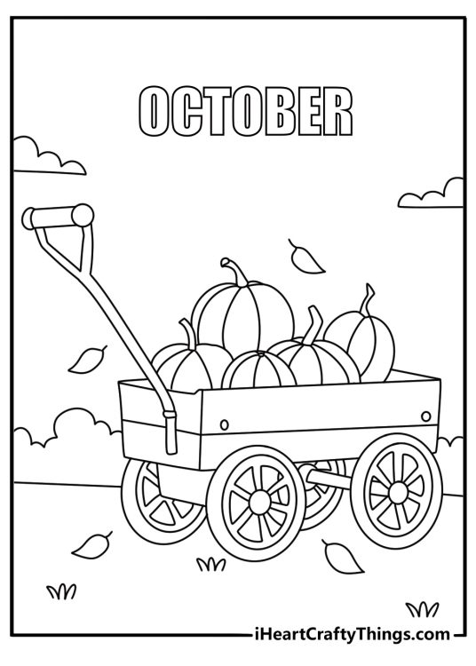 October coloring page for kids featuring a red wagon full of squash